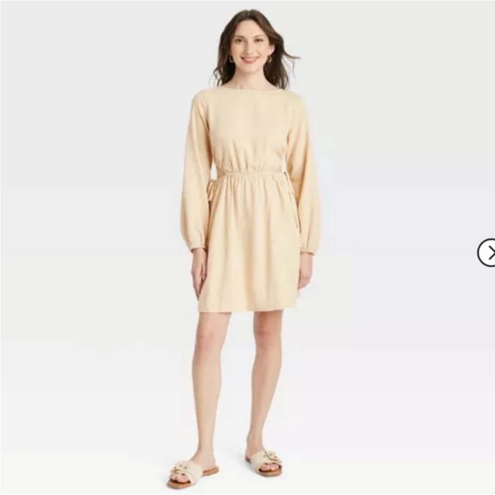 Universal Thread Tan Linen Long-Sleeve Elastic-Waist Mini Dress w/ Cutouts NWT L
